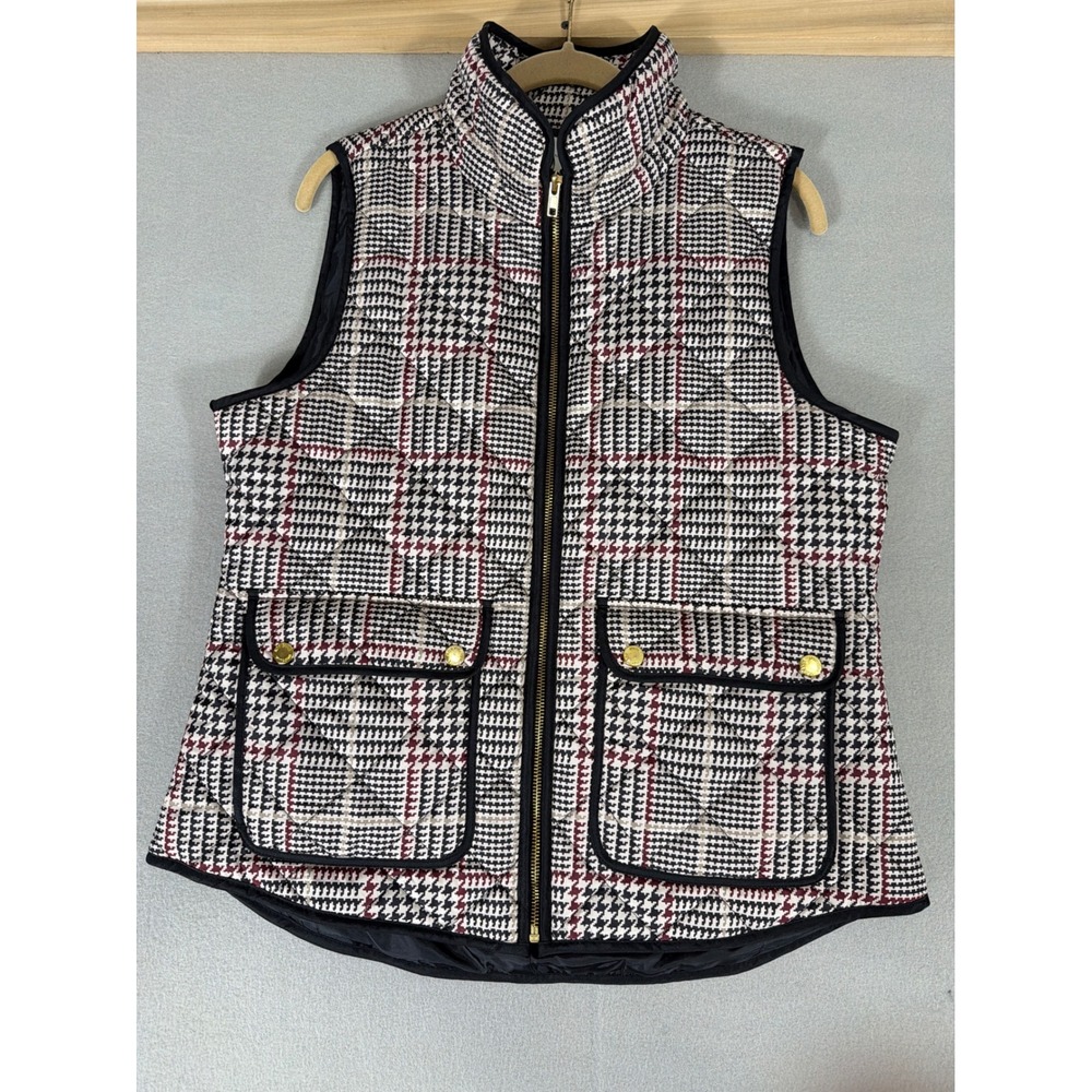 Adrienne Vittadini Womens Large Quilted Vest Houndstooth Plaid Pockets Mock Neck